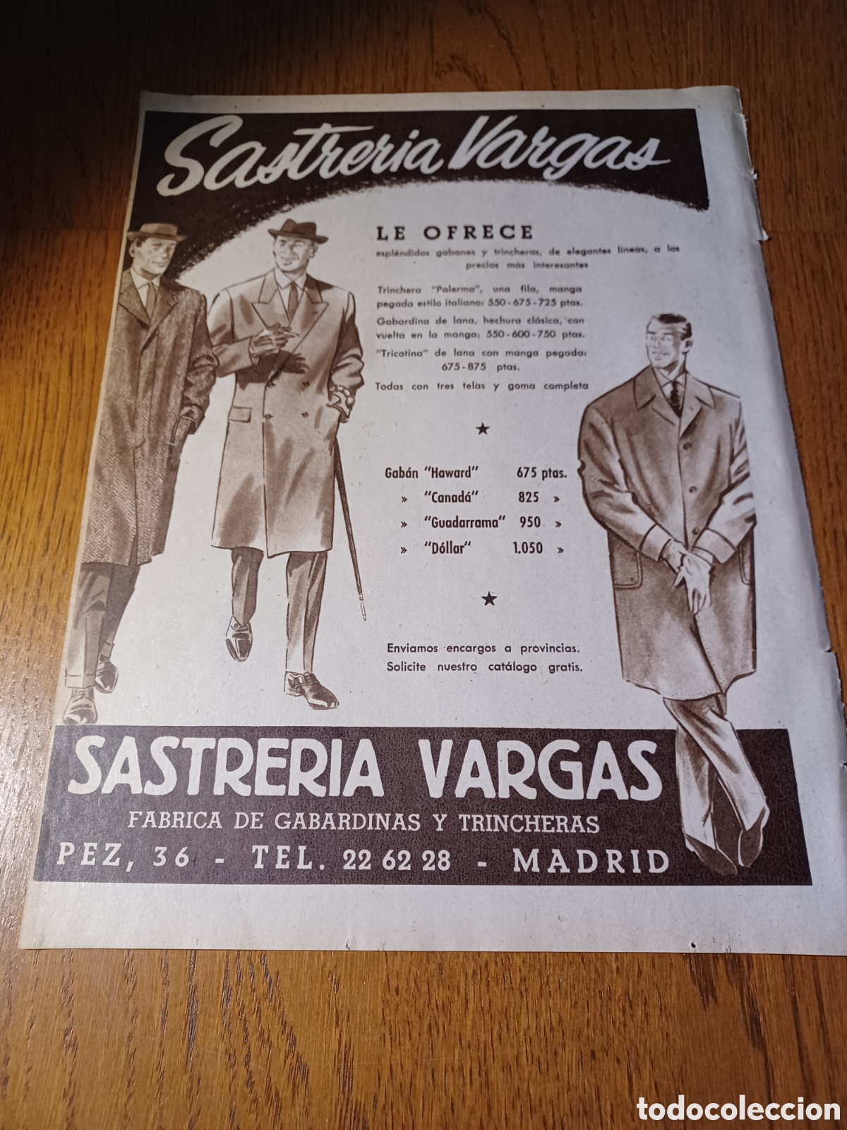Outros artigos de papel: PUBLICIDAD DE SASTRER&Iacute;A VARGAS. CALLE DEL PEZ 36 MADRID. A&Ntilde;O 1956 30, 5 X 23 CM