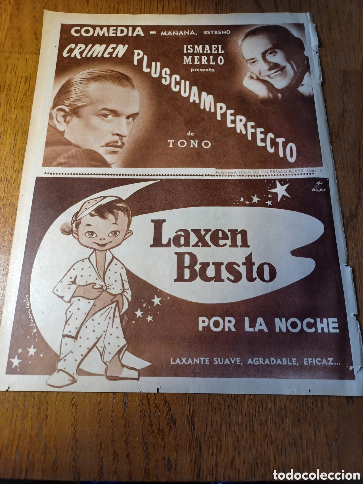 Paper Collecting Others: PUBLICIDAD CRIMEN PLUSCUAMPERFECTO POR TONO - CON ISMAEL MERLO. LAXEN BUSTO . 30X 23 CM . A&Ntilde;O 1956