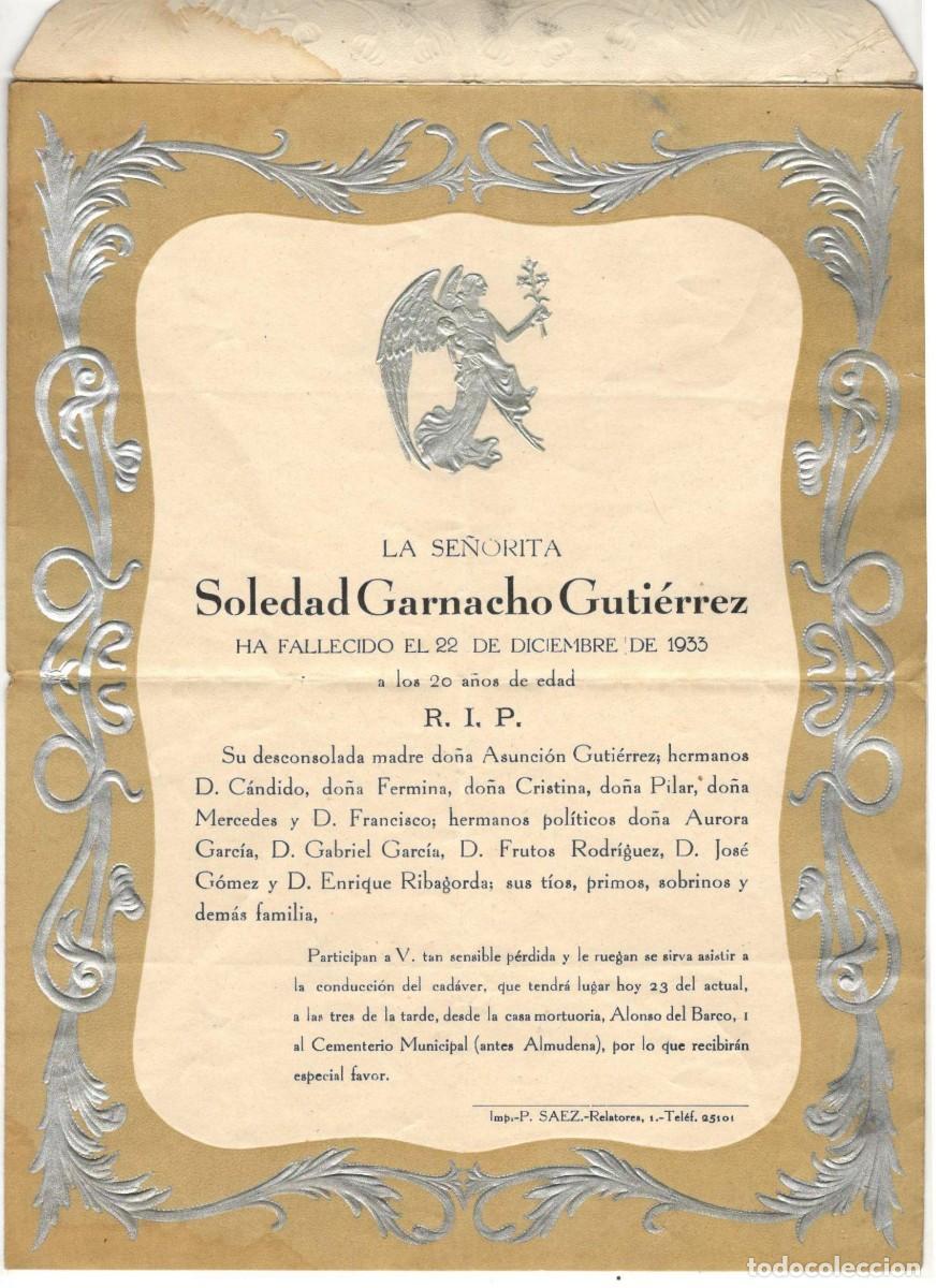 Outros artigos de papel: ESQUELA DE LA SE&Ntilde;ORITA SOLEDAD GARNACHO GUTIERREZ, 20 a&ntilde;os de edad. 1933