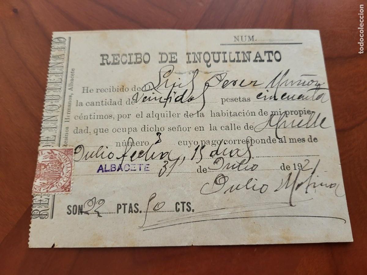 Sammelleidenschaft Andere Papierartikel: RECIBO INQUILINATO ALQUILER HABITACION ALBACETE 1921