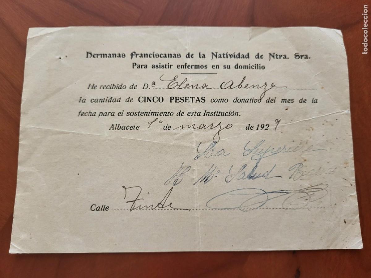 Sammelleidenschaft Andere Papierartikel: RECIBO HERMANAS FRANCISCANAS NATIVIDAD DE NUESTRA SE&Ntilde;ORA ALBACETE 1927