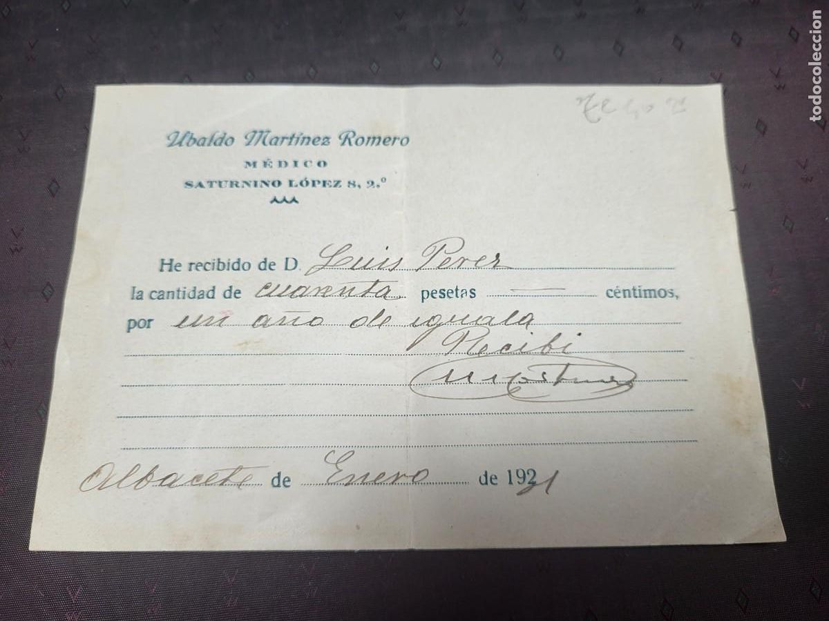 Sammelleidenschaft Andere Papierartikel: ANTIGUO RECIBO MEDICO MARTINEZ ROMERO ALBACETE 1921