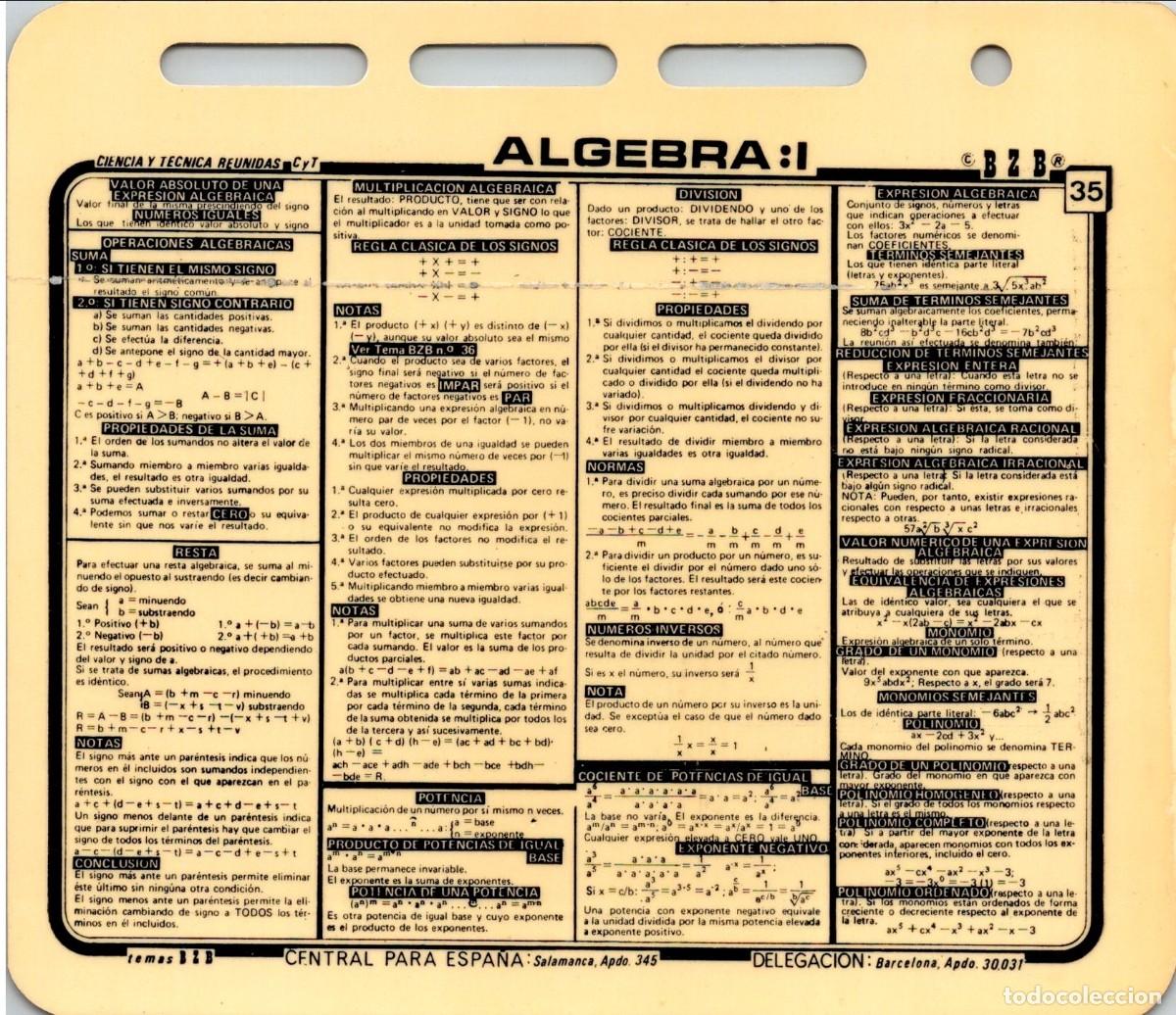 Otros Art&iacute;culos de Coleccionismo en Papel: Chuleta - Temas BZB - Ficha n&ordm; 35 - &Aacute;lgebra: I - Ciencia y T&eacute;cnica Reunidas (CyT) - 140x121mm