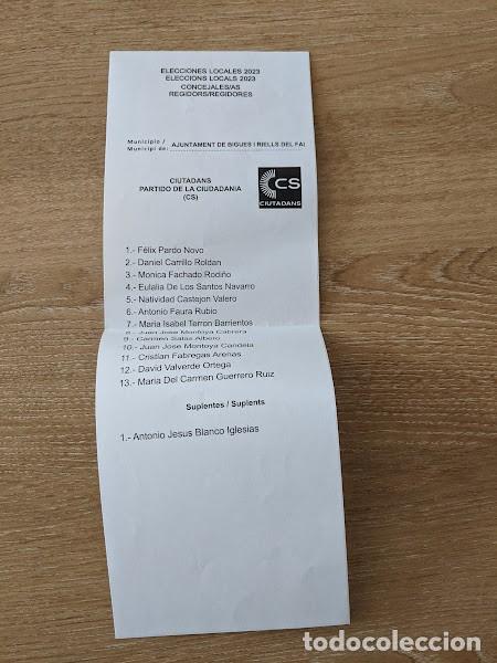 Collectionnisme Papier divers: Lista Elecciones locales 2023 Bigues CIUDADANOS