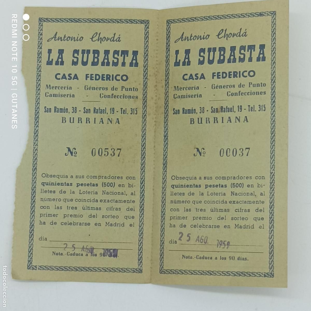 Sammelleidenschaft Andere Papierartikel: BOLETO, PARTICIPACION DE LA SUBASTA CASA FEDERICO 1959