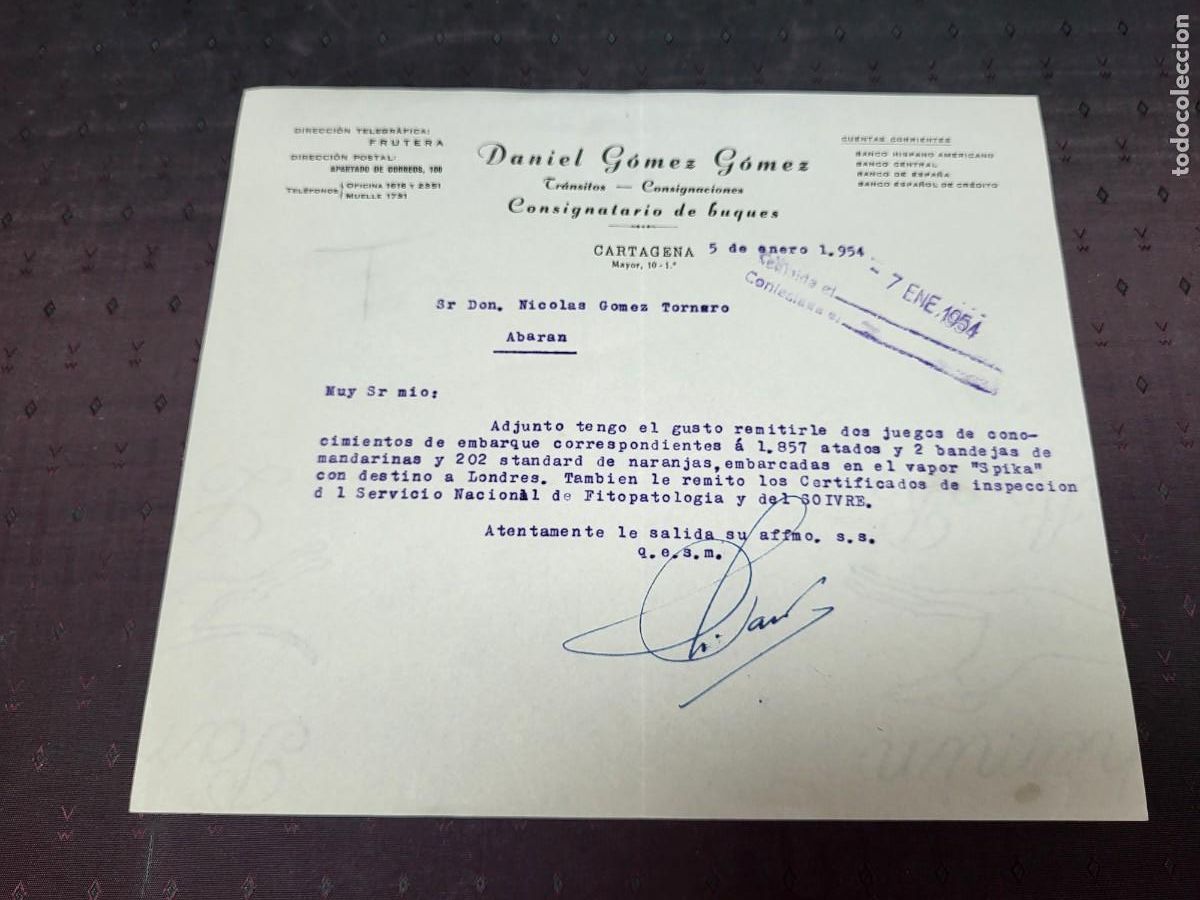 Sammelleidenschaft Andere Papierartikel: CONSIGNATARIO BUQUES ADUANA CARTAGENA MURCIA GOMEZ GOMEZ 1954