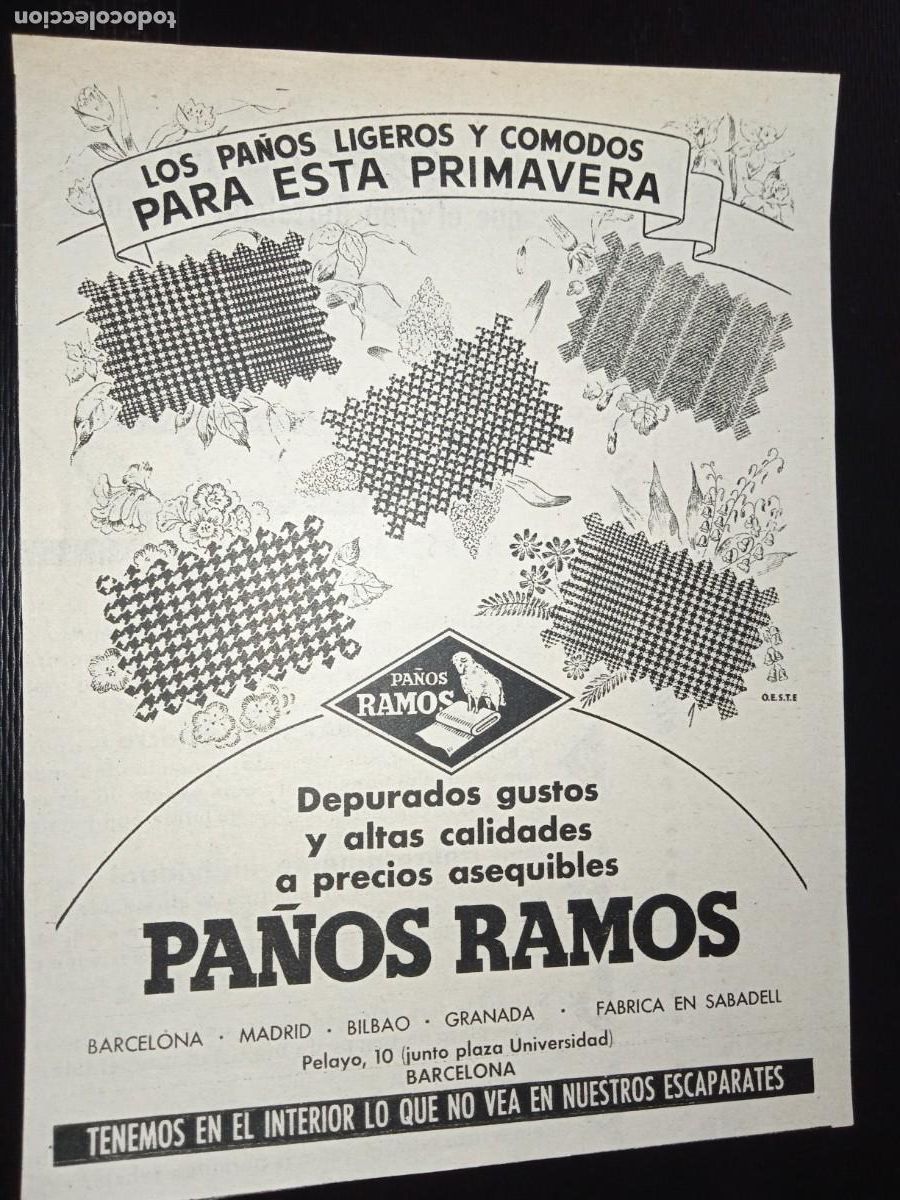 Otros Art&iacute;culos de Coleccionismo en Papel: PEQUE&Ntilde;O ANUNCIO PUBLICIDAD *PA&Ntilde;OS RAMOS* EN RONDA UNIV., BARCELONA (A&Ntilde;OS 60)