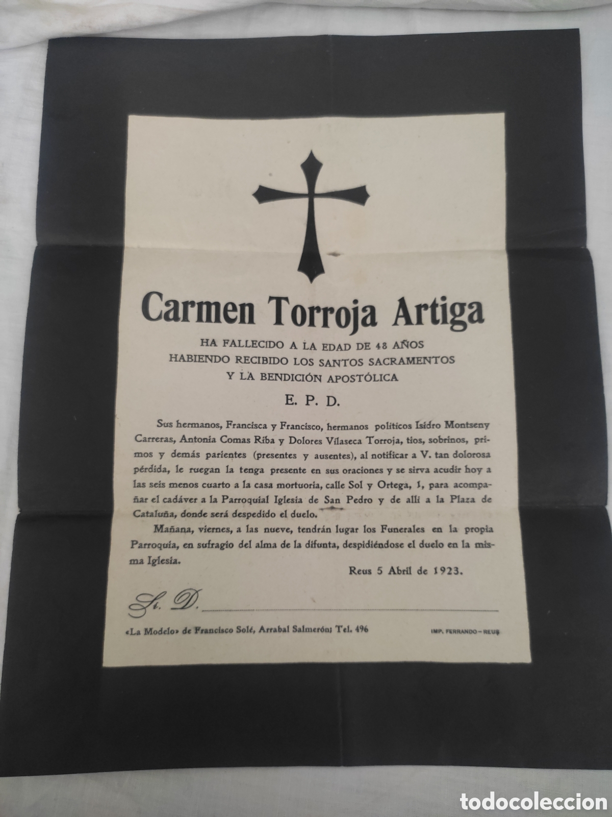 Otros art&iacute;culos de coleccionismo en papel: Preciosa esquela modernista de Reus a Sallent a&ntilde;o 1923