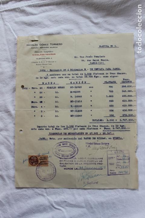 Otros art&iacute;culos de coleccionismo en papel: FACTURA NICOLAS GOMEZ ABARAN PARIS 1952 CON SELLO FISCAL FRANCIA