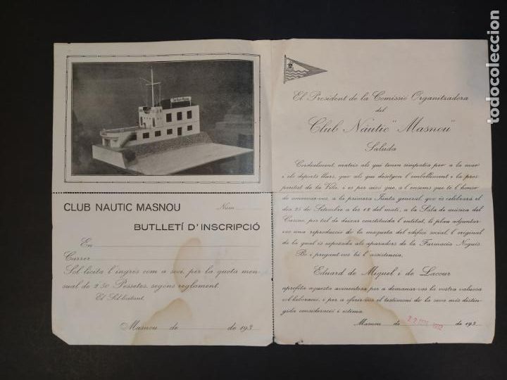 Altri oggetti di carta: CLUB NAUTIC MASNOU-BUTTELI DE SUSCRIPCIO-ANYS 30-VER FOTOS-(K-10.320)