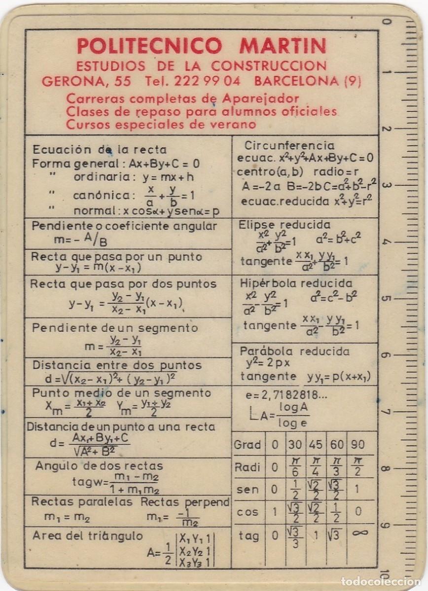 Otros Art&iacute;culos de Coleccionismo en Papel: Chuleta - Derivadas - Integrales - Polit&eacute;cnico Mart&iacute;n - Barcelona - 102x72mm