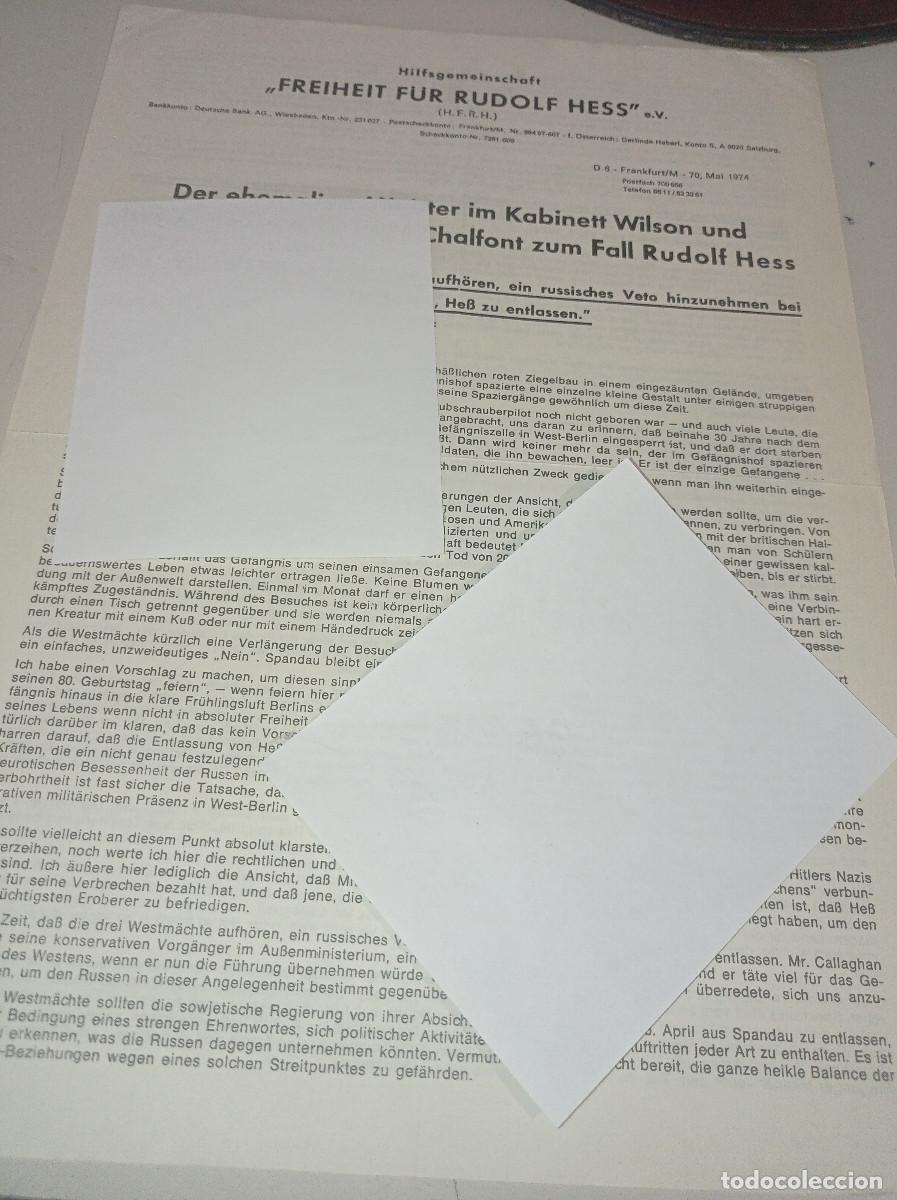 Altri oggetti di carta: HOJA EN ALEM&Aacute;N LIBERTAD RUDOLF HESS OPINIONES WILSON Y LORD CHALFONT MES DE MAYO 1974 REF. UR MES 4