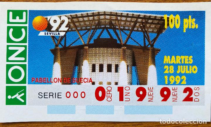 Otros art&iacute;culos de coleccionismo en papel: Cup&oacute;n Replica Once Expo 92. Pabell&oacute;n de Suecia. Sevilla 1992.