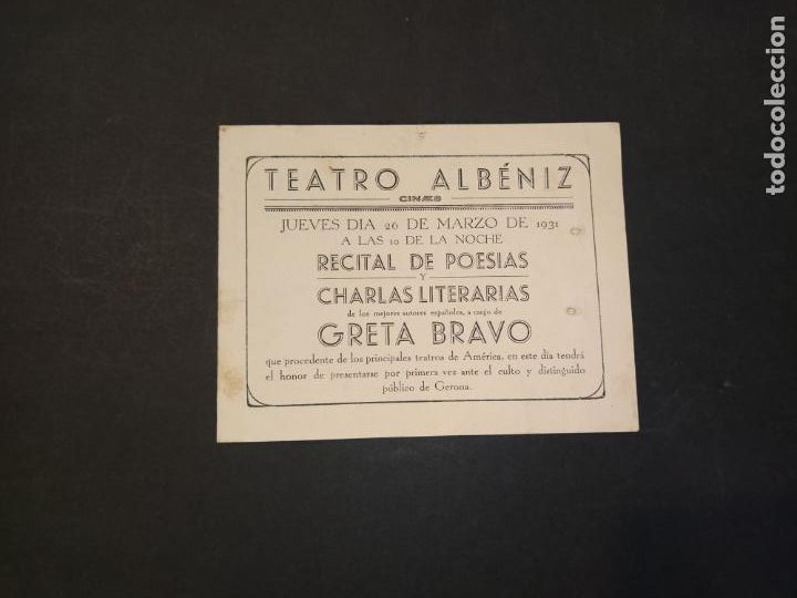 Otros Art&iacute;culos de Coleccionismo en Papel: GIRONA-TEATRE ALBENIZ-RECITAL POESIAS-GRETA GARBO-ANY 1931-PROGRAMA ANTIGUO-VER FOTOS-(K-10.532)