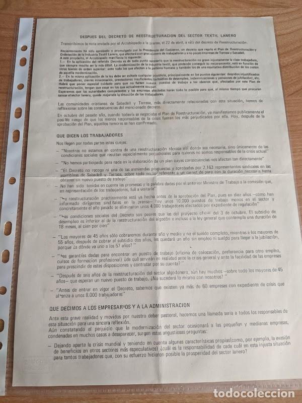 Collectionnisme Papier divers: TRANSCRIPCI&Oacute;N NOTA ENVIADA A LA PRENSA POR EL ARZOBISPADO POR REESTRUCTURACI&Oacute;N SECTOR TEXTIL LANERO