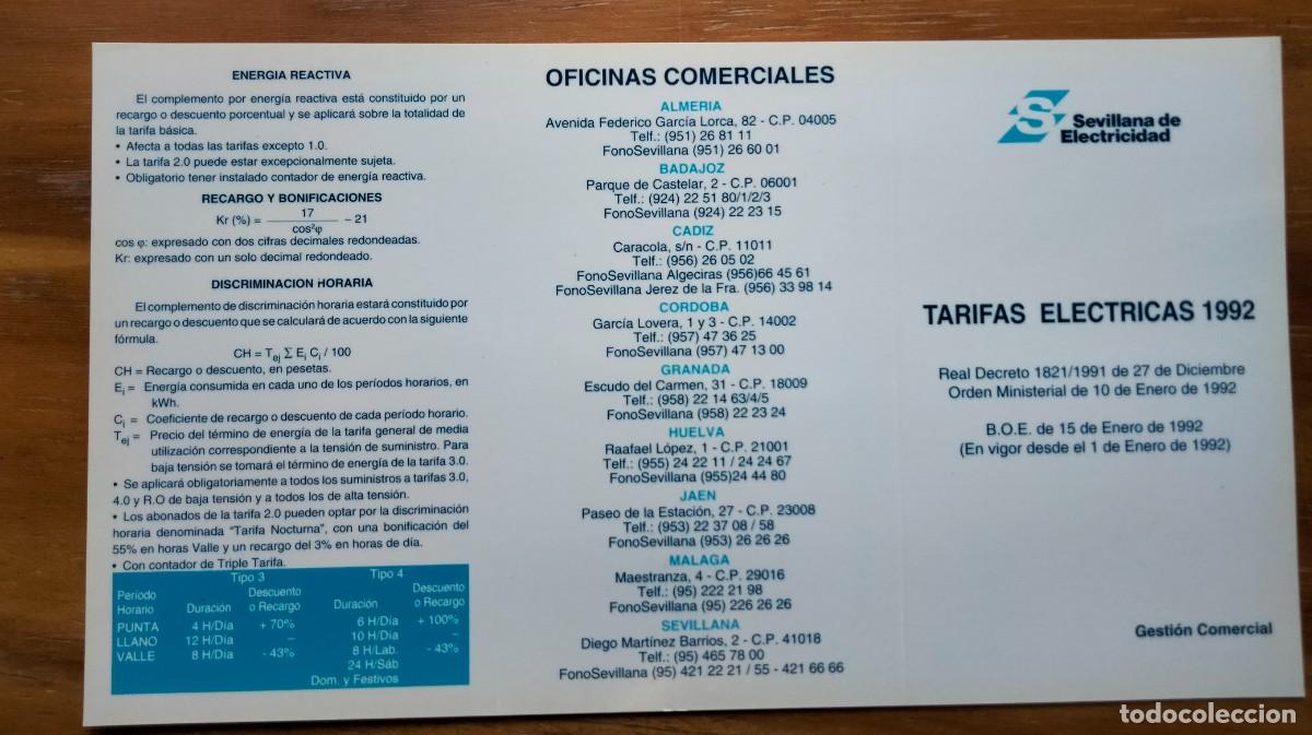 Otros art&iacute;culos de coleccionismo en papel: SEVILLANA DE ELECTRICIDAD - TARIFAS EL&Eacute;CTRICAS 1992