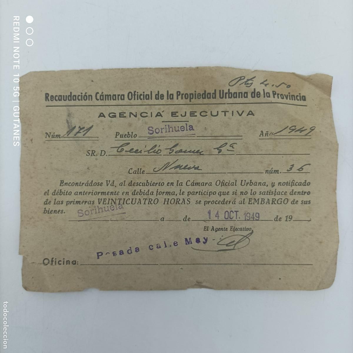 Sammelleidenschaft Andere Papierartikel: RECIBO RECAUDACION OFICIAL DE LA PROPIEDAD URBANA DE LA PROVINCIA- SORIHUELA- A&Ntilde;O 1949
