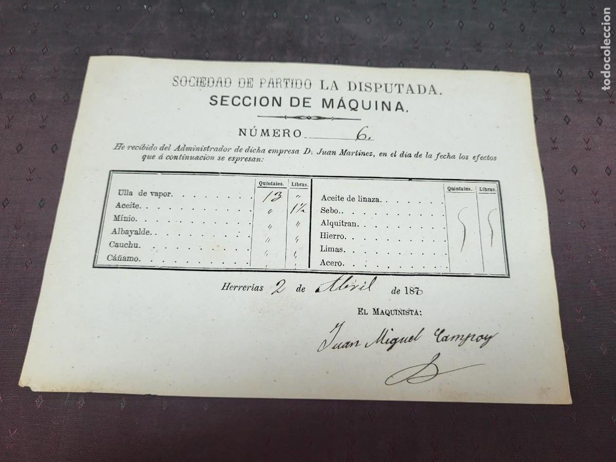 Sammelleidenschaft Andere Papierartikel: ANTIGUO RECIBO SOCIEDAD MINERA LA DISPUTADA HERRERIAS ALMERIA S XIX 1870