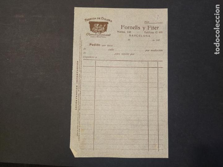Otros Art&iacute;culos de Coleccionismo en Papel: BARCELONA-FABRICA DE DULCES FORNES Y FITER-PIERROT GOURMAND-DOCUMENTO A&Ntilde;OS 20-VER FOTOS-(K-10.615)