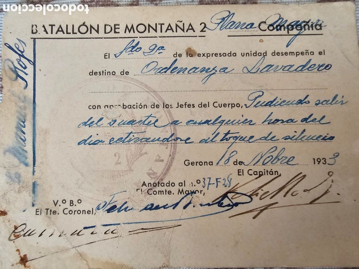 Outros artigos de papel: Tarjeta militar de 1933, Batall&oacute;n de monta&ntilde;a 2, Gerona Manuel Rofes