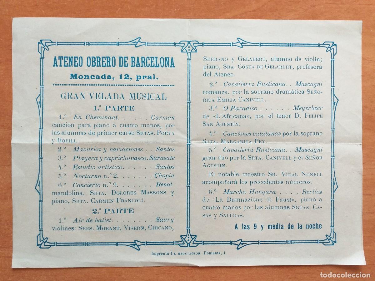 Otros Art&iacute;culos de Coleccionismo en Papel: FOLLETO DE GRAN VELADA MUSICAL EN EL ATENEO OBRERO DE BARCELONA