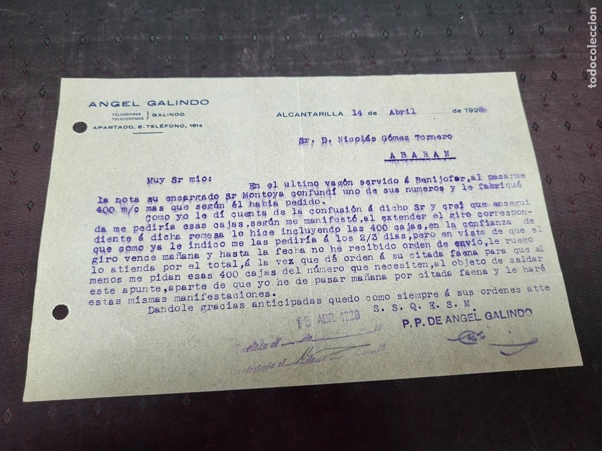 Paper Collecting Others: ANGEL GALINDO TELEGRAMAS ALCANTARILLA MURCIA 1928