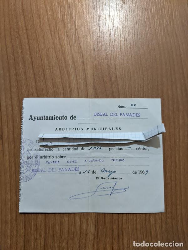 Sammelleidenschaft Andere Papierartikel: RECIBO ARBITRIOS MUNICIPALES AYUNTAMIENTO LA BISBAL DEL PENED&Egrave;S 1969