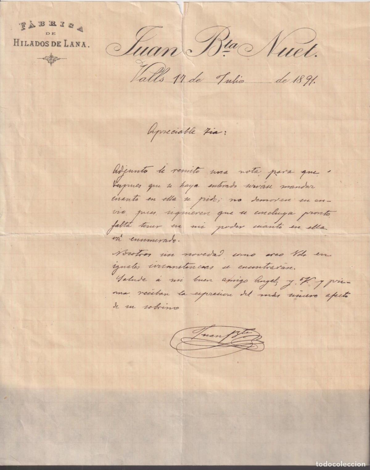 Collectionnisme Papier divers: Juan Bta. Nuel. F&aacute;brica de Hilados de lana. Carta de Pedido. Valls 17 julio 1891