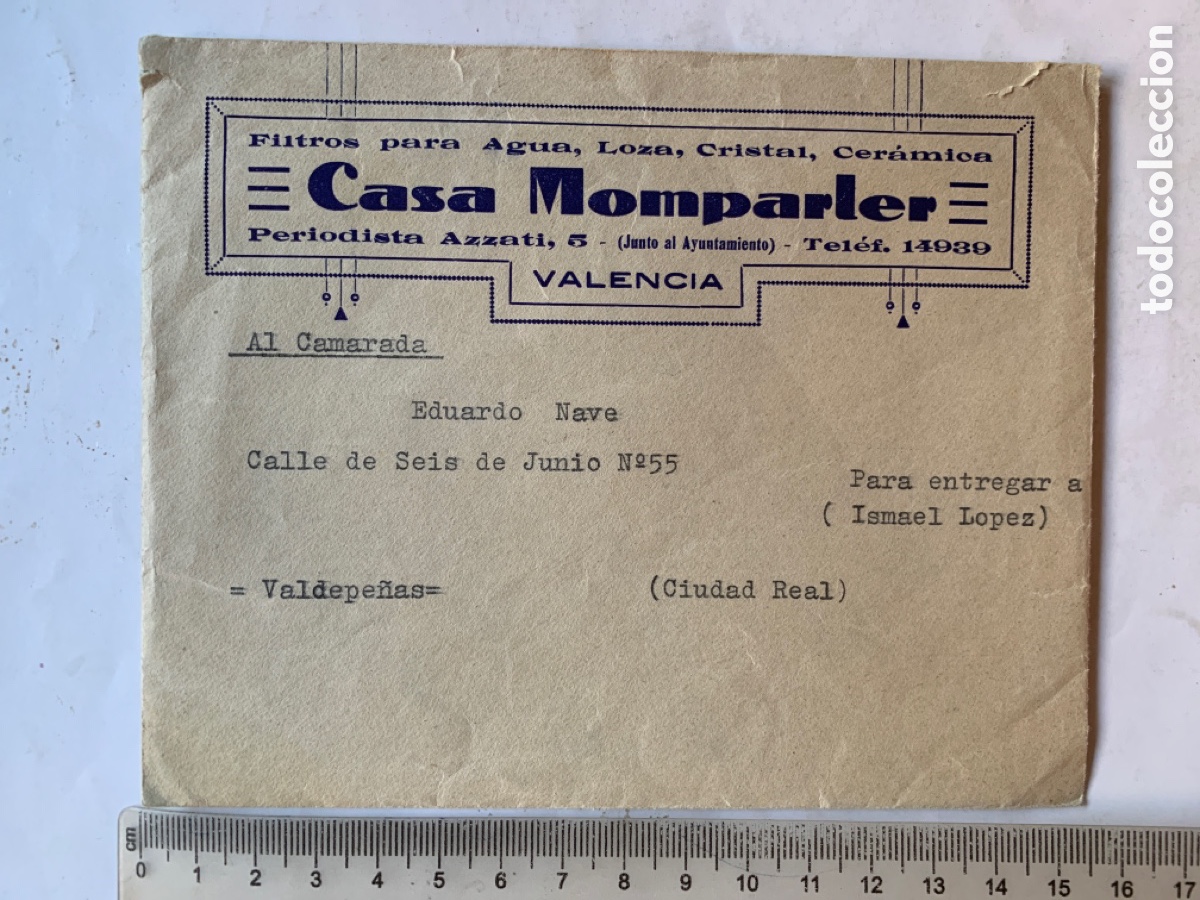 Otros Art&iacute;culos de Coleccionismo en Papel: SOBRE CARTA. CASA MOMPARLER. VALENCIA. FILTROS PARA AGUA, LOZA, CRISTAL, CERAMICA.