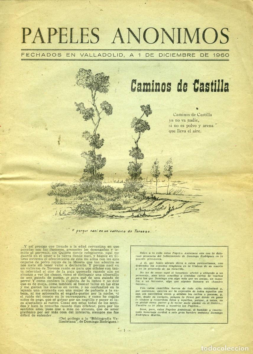 Otros Art&iacute;culos de Coleccionismo en Papel: Papeles An&oacute;nimos, Valladolid, 1-12-1960. N&ordm; homenaje a Domingo Rodr&iacute;guez 12 pags. 30x21 cms.