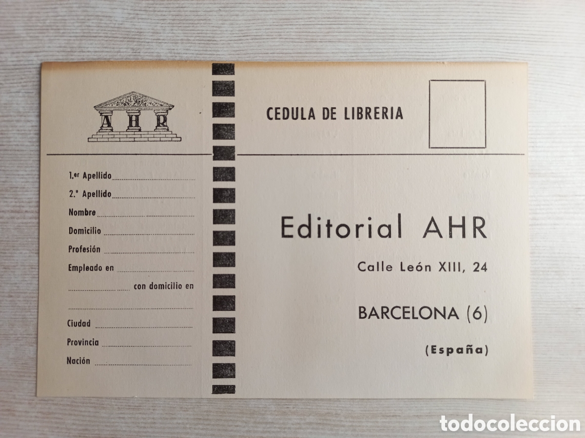 Otros art&iacute;culos de coleccionismo en papel: C&eacute;dula de Librer&iacute;a Editorial AHR. - Foto 1