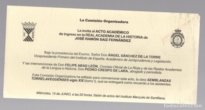 Otros Art&iacute;culos de Coleccionismo en Papel: INVITACION ACTO ACADEMICO DE INGRESO EN LA REAL ACADEMIA DE LA HISTORIA DE JOSE RAMON SAIZ FERNANDEZ