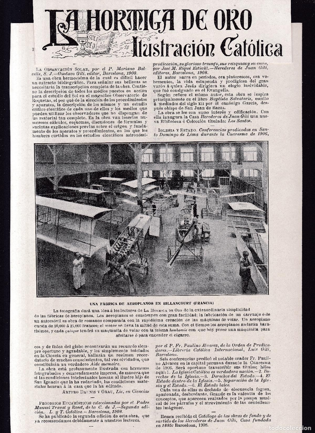 Otros art&iacute;culos de coleccionismo en papel: F&Aacute;BRICA DE AEROPLANOS - BILLANCOURT (FRANCIA) - LA HORMIGA DE ORO 12-IX-1908
