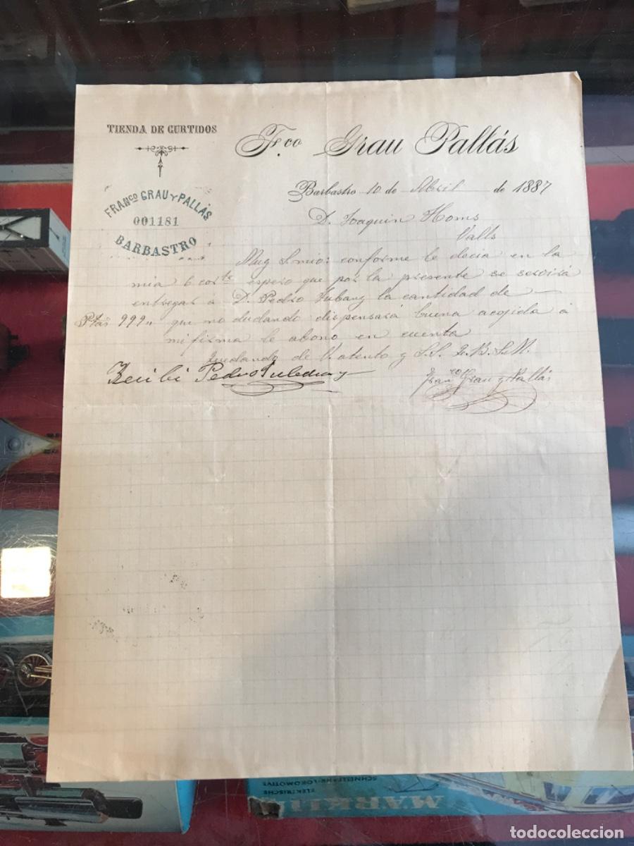 Collectionnisme Papier divers: FACTURA. TIENDA DE CURTIDOS FRANCO GRAU Y PALL&Aacute;S. BARBASTRO, 1887