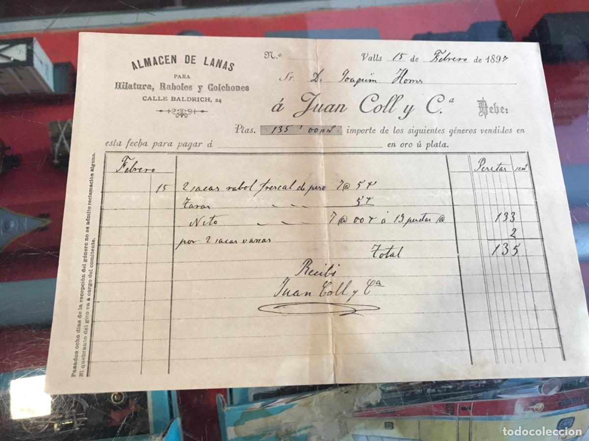 Collectionnisme Papier divers: FACTURA. ALMAC&Eacute;N DE LANAS PARA HILATURA, RABOLES Y COLCHONES. CALLE BALDRICH, 24. 1897. VALLS