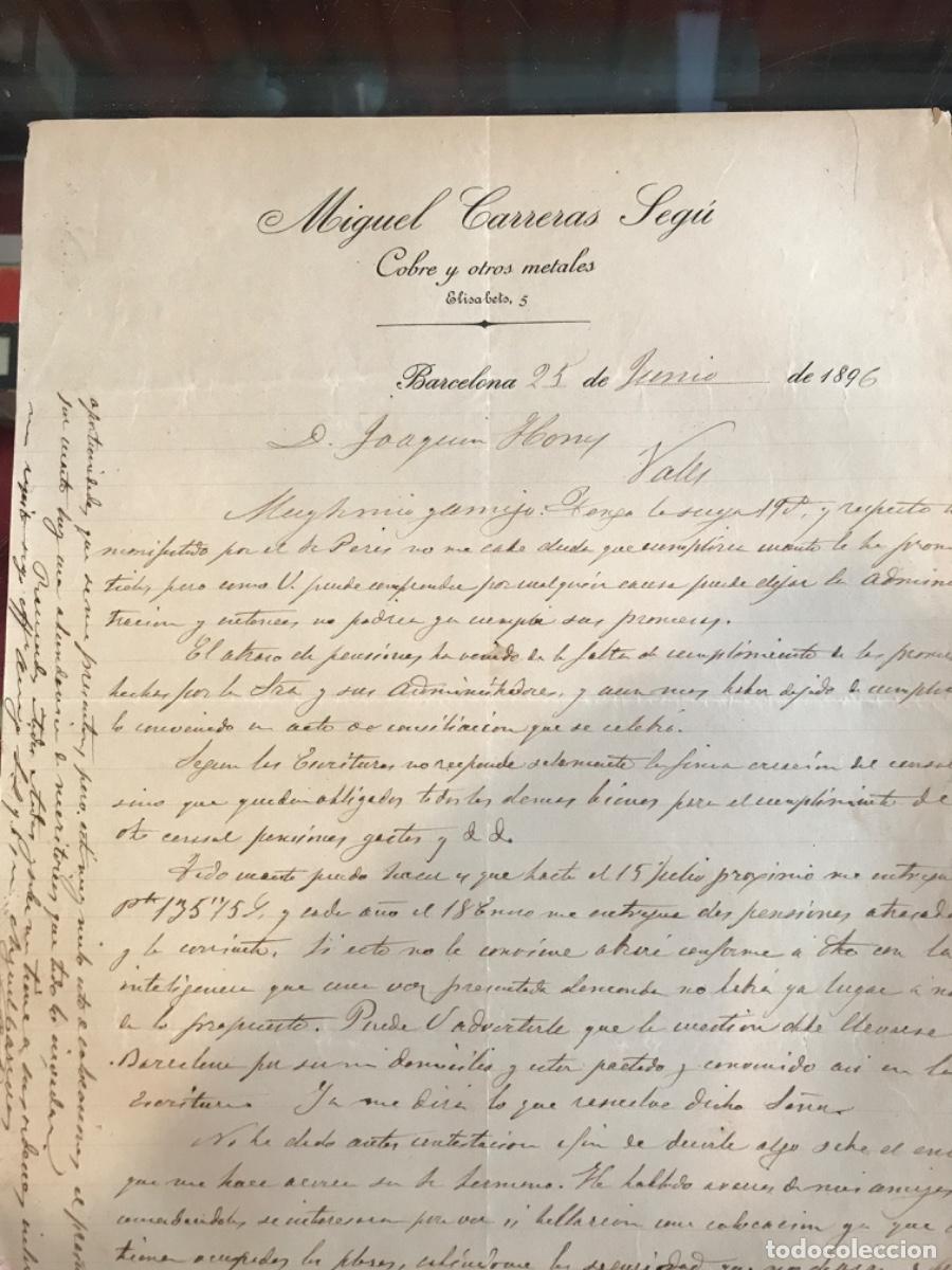 Paper Collecting Others: CARTA DE MIGUEL CARRERAS SEG&Uacute;. COBRE Y OTROS METALES. ELISABETS, 5. BARCELONA 1896
