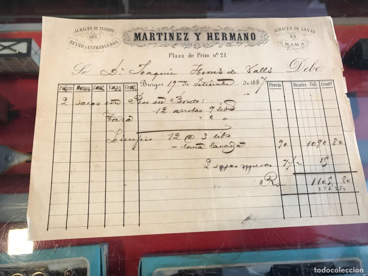 Sammelleidenschaft Andere Papierartikel: FACTURA DE MART&Iacute;NEZ Y HERMANO. ALMAC&Eacute;N DE TEJIDOS. PLAZA DE PRIM, 21. BURGOS, 1887