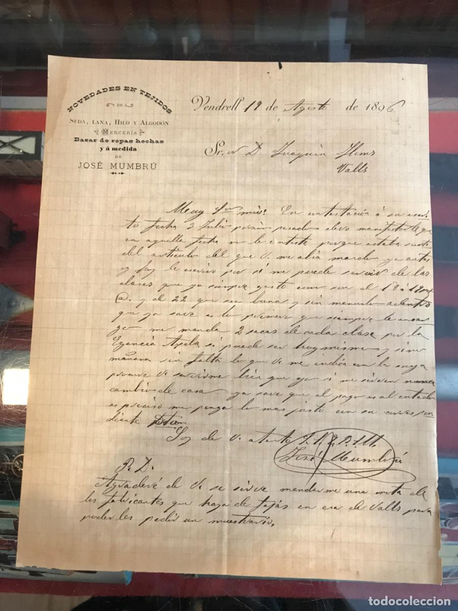 Collectionnisme Papier divers: CARTA DE JOS&Eacute; MUMBR&Uacute;. NOVEDADES EN TEJIDOS, BAZAR DE ROPAS. 1896, VENDRELL