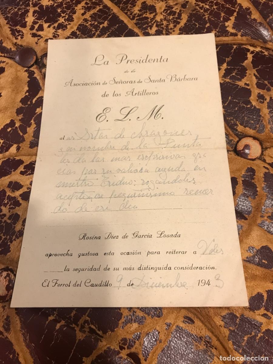 Collectionnisme Papier divers: LA PRESIDENTA DE LA ASOCIACI&Oacute;N DE SE&Ntilde;ORAS DE SANTA B&Aacute;RBARA DE LOS ARTILLEROS. 1943, FERROL