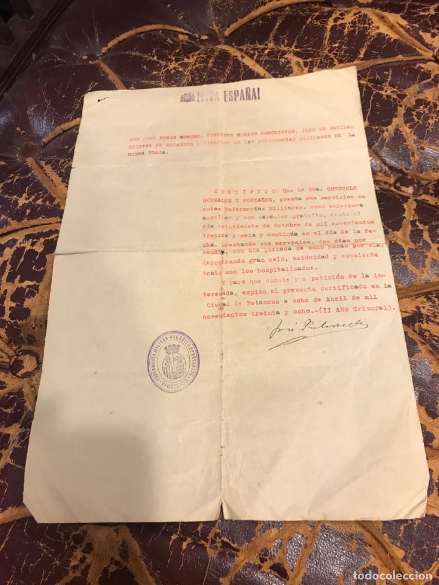 Collectionnisme Papier divers: JOS&Eacute; P&Eacute;REZ MONCHE, TENIENTE M&Eacute;DICO, JEFE SANIDAD MILITAR DE BETANZOS.... 1938, BETANZOS