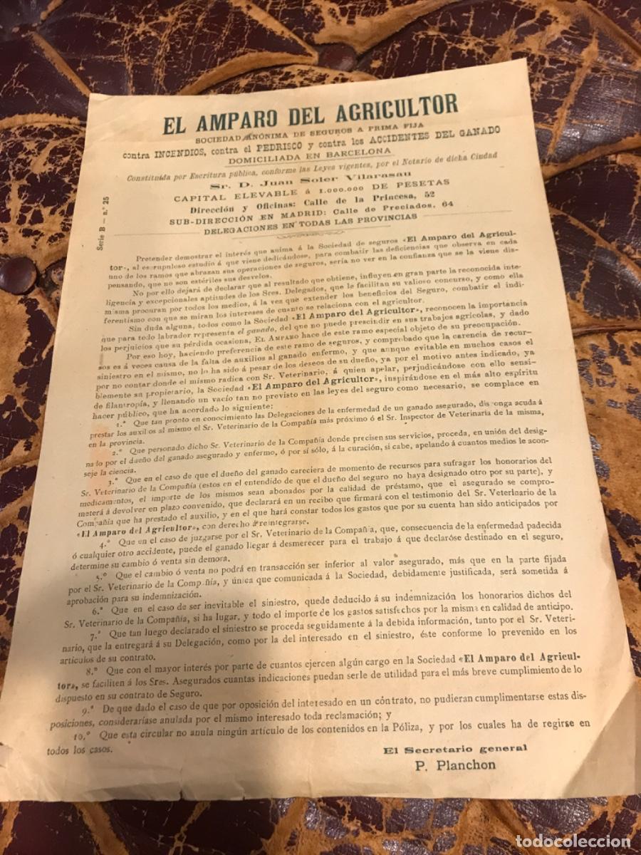 Collectionnisme Papier divers: EL AMPARO DEL AGRICULTOR. SOCIEDAD DE SEGUROS... EN BARCELONA