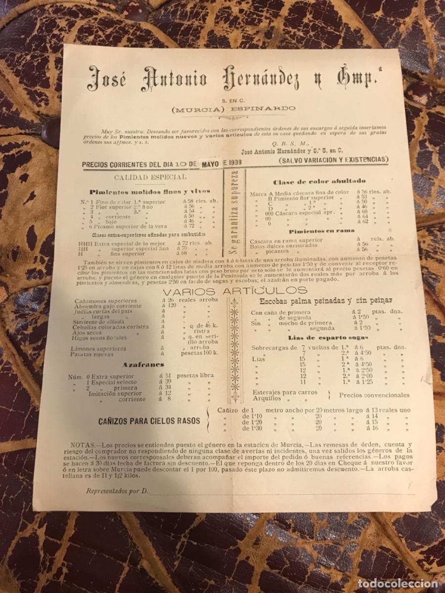 Paper Collecting Others: JOS&Eacute; ANTONIO HERN&Aacute;NDEZ. MURCIA, ESPINARDO. TARIFA DE PRECIOS DE LOS PIMIENTOS, AZAFR&Aacute;N, ESCOBAS...