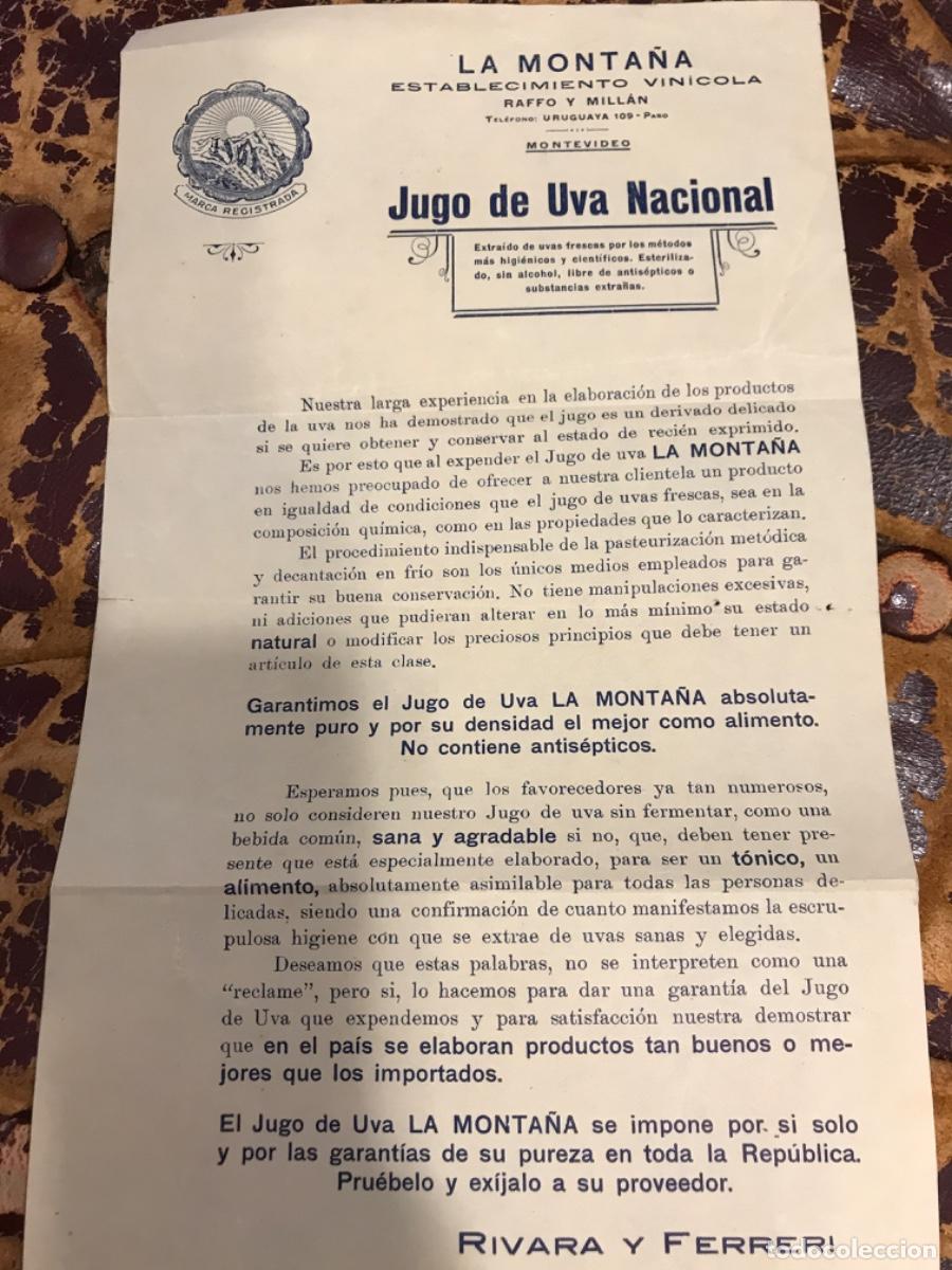 Outros artigos de papel: LA MONTA&Ntilde;A, ESTABLEC. VIN&Iacute;COLA. RAFFO Y MILL&Aacute;N. MONTEVIDEO. JUGO DE UVA NACIONAL. RIVARA Y FERRERI