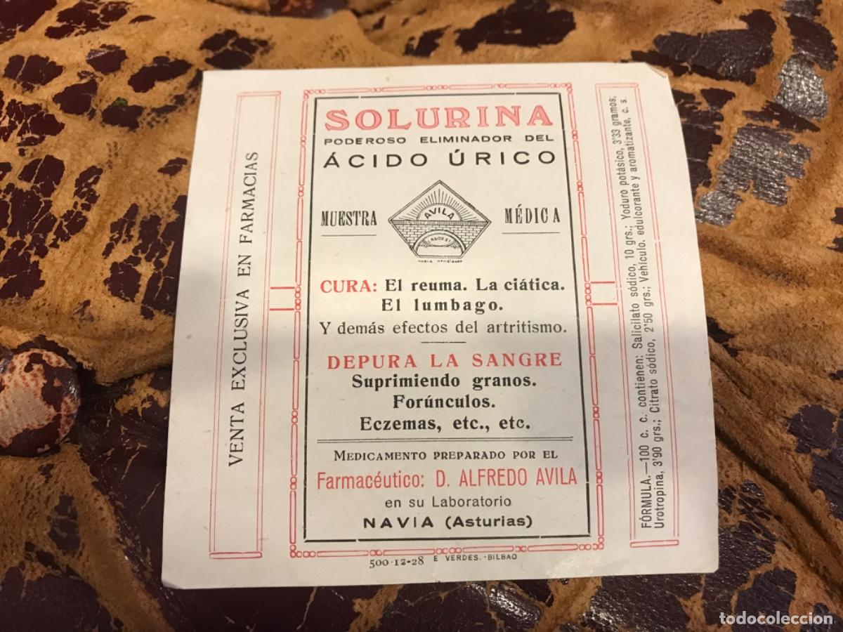 Sammelleidenschaft Andere Papierartikel: SOLURINA, ELIMINADOR DEL &Aacute;CIDO &Uacute;RICO. PREPARADO POR ALFREDO AVILA EN NAVIA, ASTURIAS.
