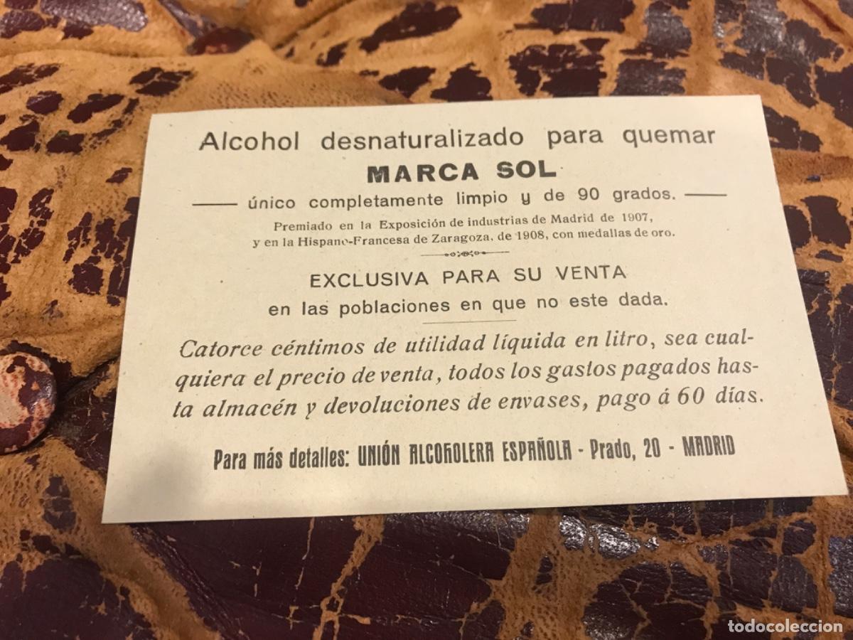 Collectionnisme Papier divers: ALCOHOL DESNATURALIZADO PARA QUEMAR MARCA SOL. UNI&Oacute;N ALCOHOLERA ESPA&Ntilde;OLA, PRADO 20. MADRID