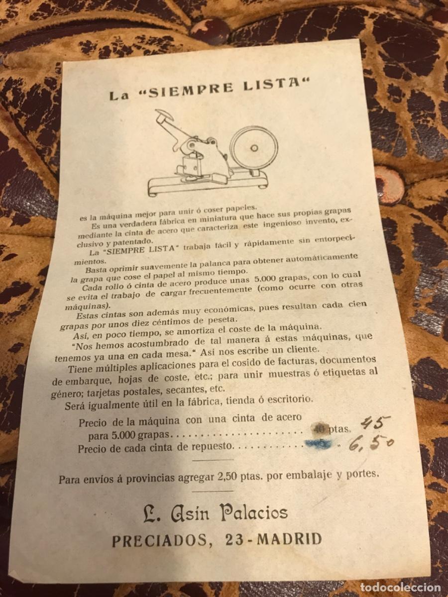 Sammelleidenschaft Andere Papierartikel: LA &rdquo;SIEMPRE LISTA&rdquo;, LA M&Aacute;QUINA MEJOR PARA UNIR O COSER PAPELES. AS&Iacute;N PALACIOS, PRECIADOS, 23, MADRID