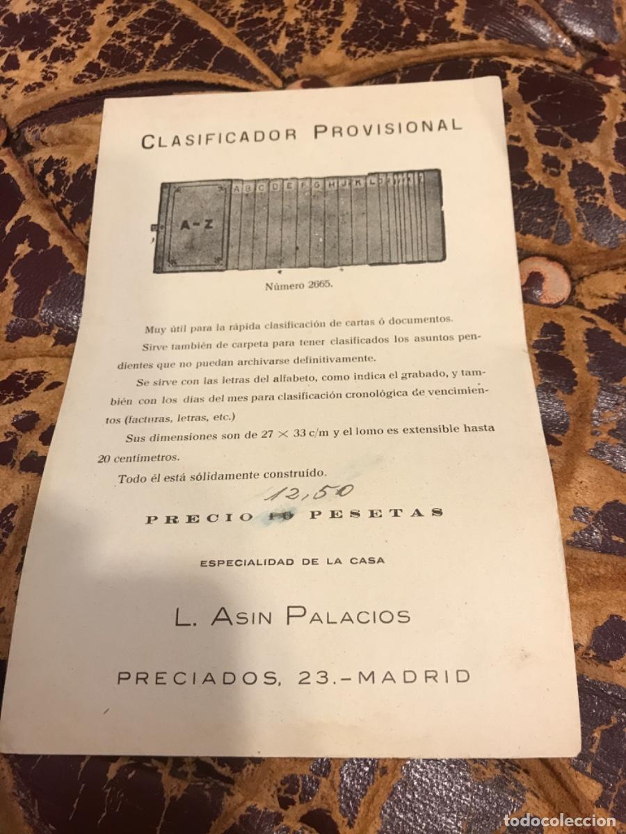 Outros artigos de papel: CLASIFICADOR PROVISIONAL, N&Uacute;MERO 2665. AS&Iacute;N PALACIOS, PRECIADOS, 23, MADRID