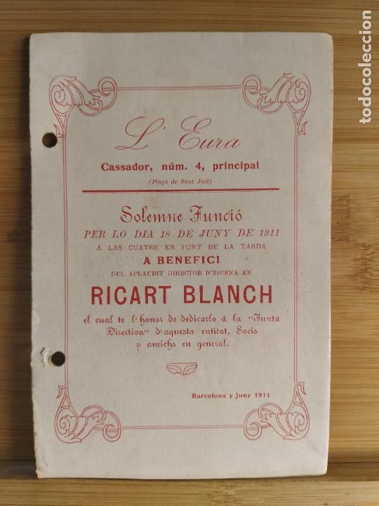 Otros Art&iacute;culos de Coleccionismo en Papel: BARCELONA-L'EURA-SOLEMNE FUNCIO JUNY 1911 A BENEFICI DE RICART BLANCH-VER FOTOS-(K-11.142)