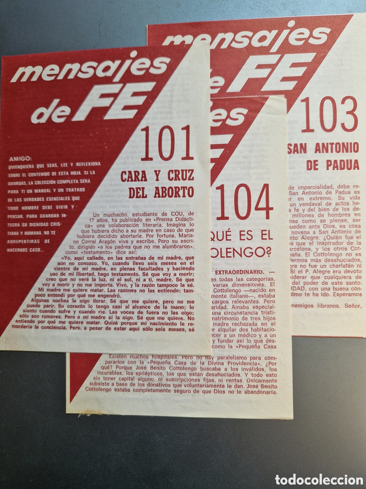 Otros Art&iacute;culos de Coleccionismo en Papel: Lote 3 d&iacute;pticos &rdquo;Mensajes de fe&rdquo;, 1979 - Aborto - Cottolengo - San Antonio Padua
