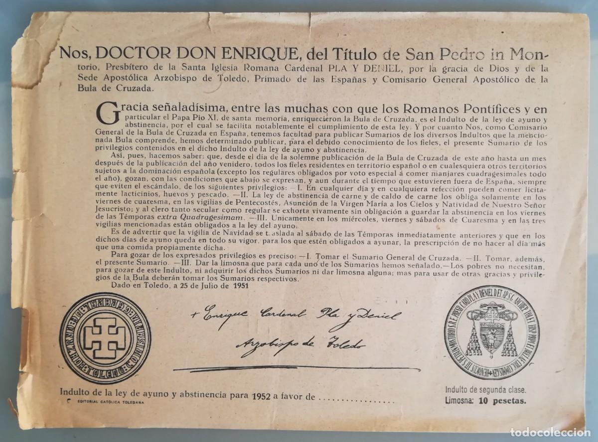 Outros artigos de papel: BULA = INDULTO LEY AYUNO Y ABASTINENCIA PARA 1952 - VER DORSO = Reduc. LIBRAS, PENI, CHELIN - PJRB
